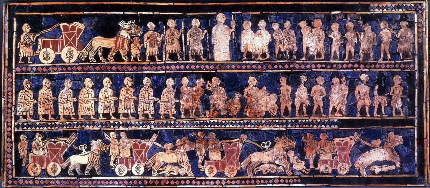 The 'War' panel of the Standard of Ur, an inlaid box showing Sumerian soldiers, chariots and prisoners in rows of shell, red limestone and lapis lazuli