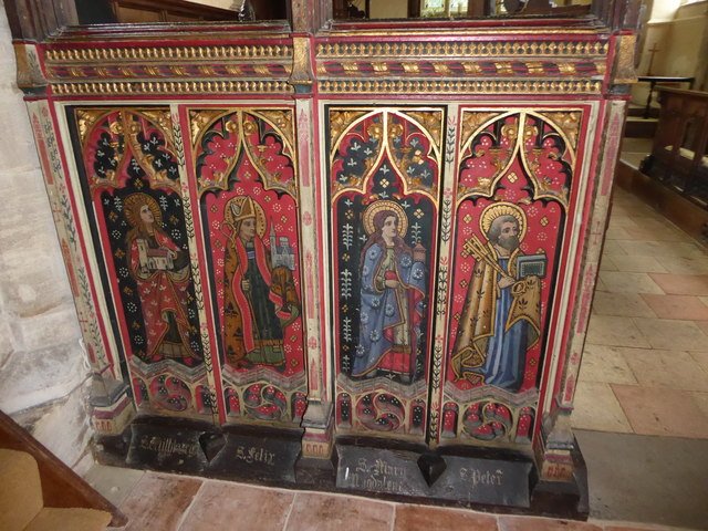 Interior of St Mary’s Church Woolpit showing the medieval angel hammerbeam roof and wooden pews