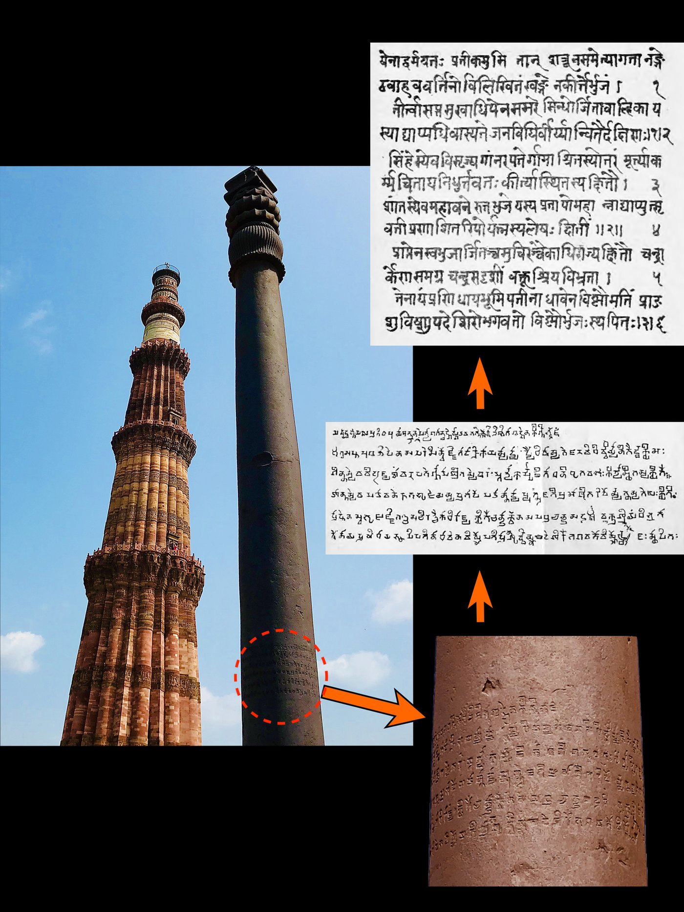 Close view of the six lines of Sanskrit inscription cut into the iron pillar