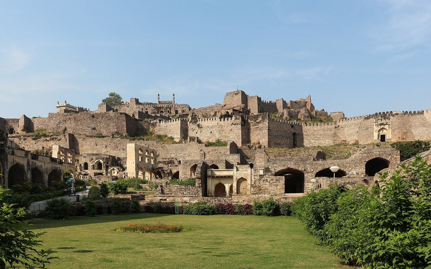 Historic view of the Golconda Fort in the Deccan region of southern India, source of legendary diamond mines