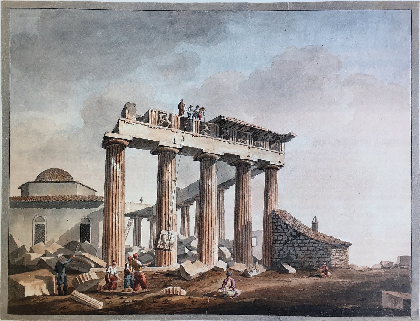 Early nineteenth-century drawing of workers removing sculptures from the Parthenon