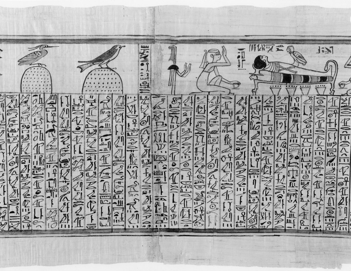 An illustrated ancient Egyptian Book of the Dead papyrus scroll