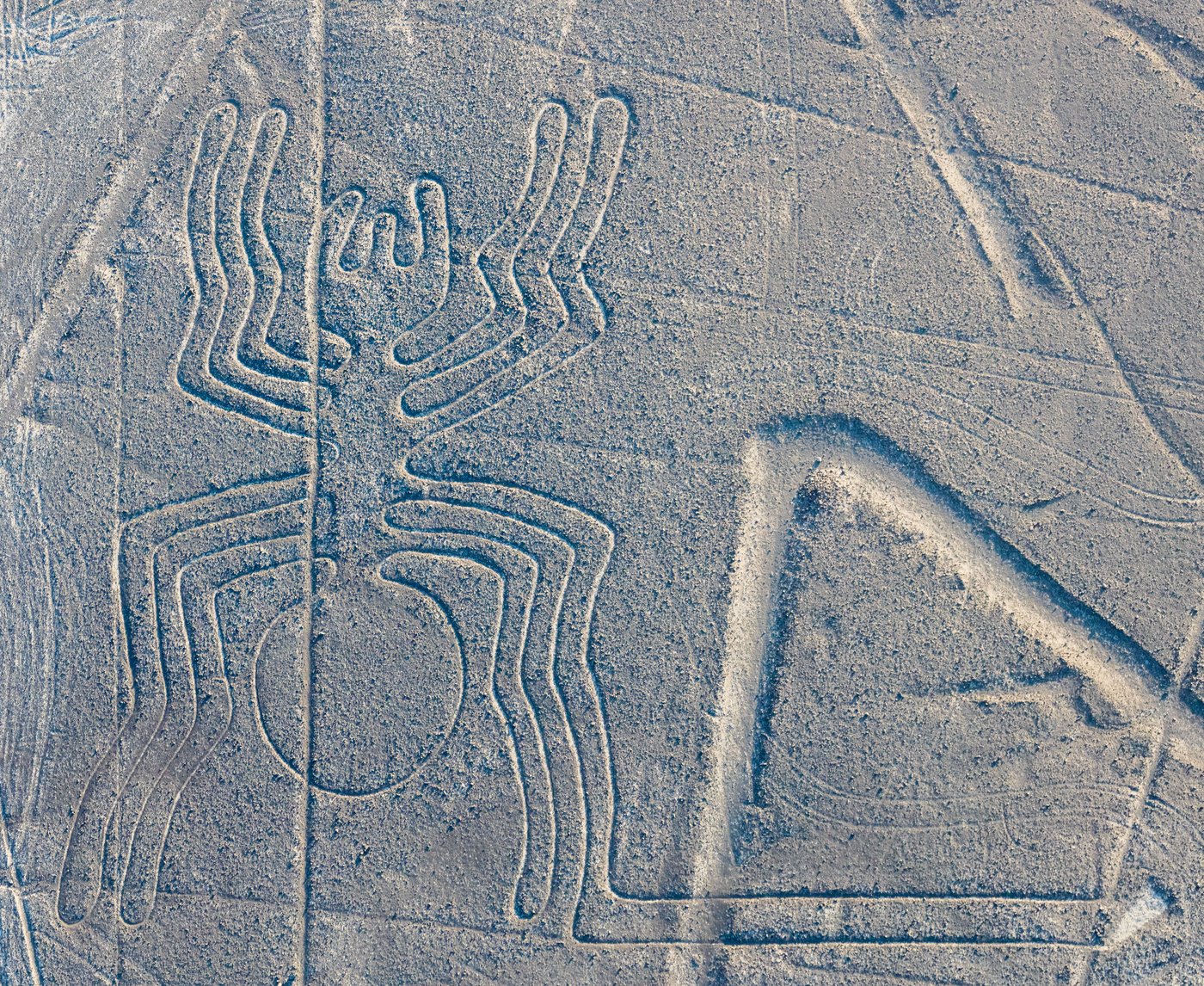 Aerial view of the Nazca spider geoglyph carved into the desert, crossed by later straight lines