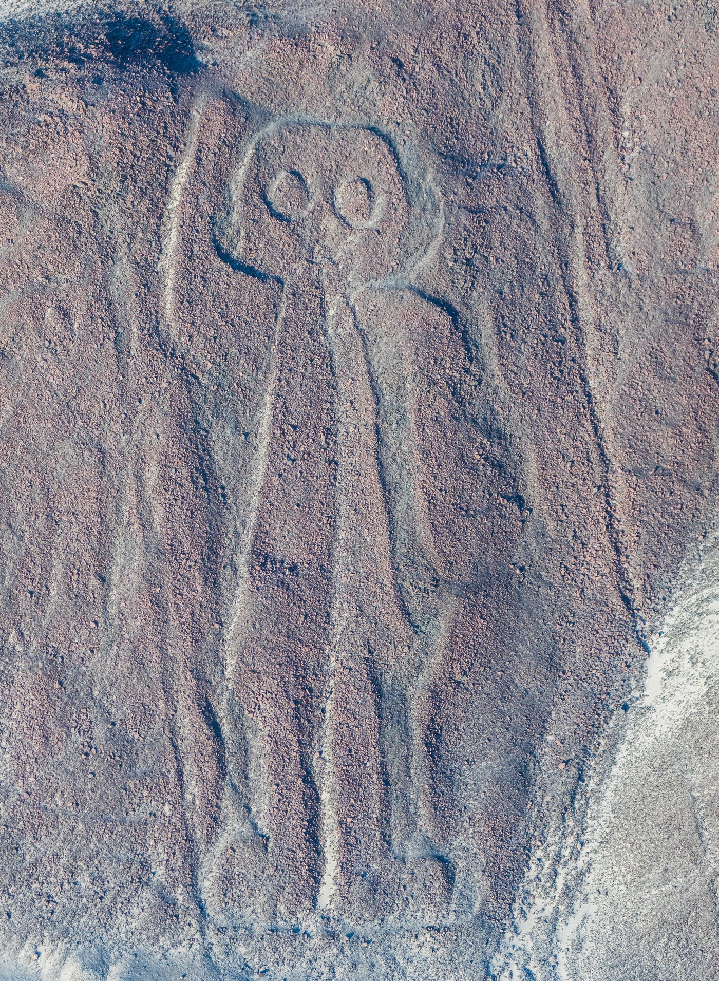 The Nazca hillside figure known as the Astronaut or Owl Man, a humanoid with a round head and large eyes