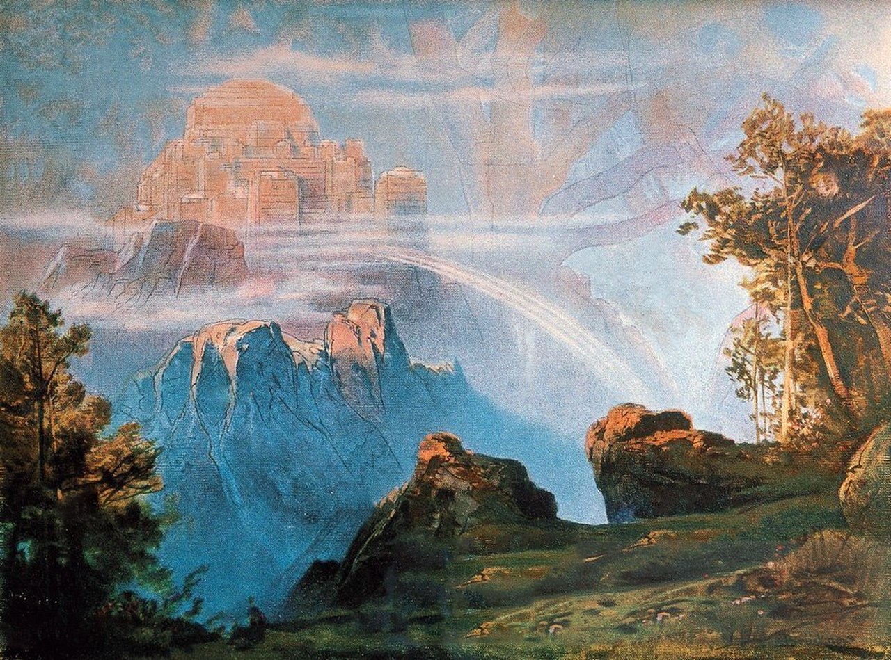A romantic painting of Valhalla, the great hall in Asgard