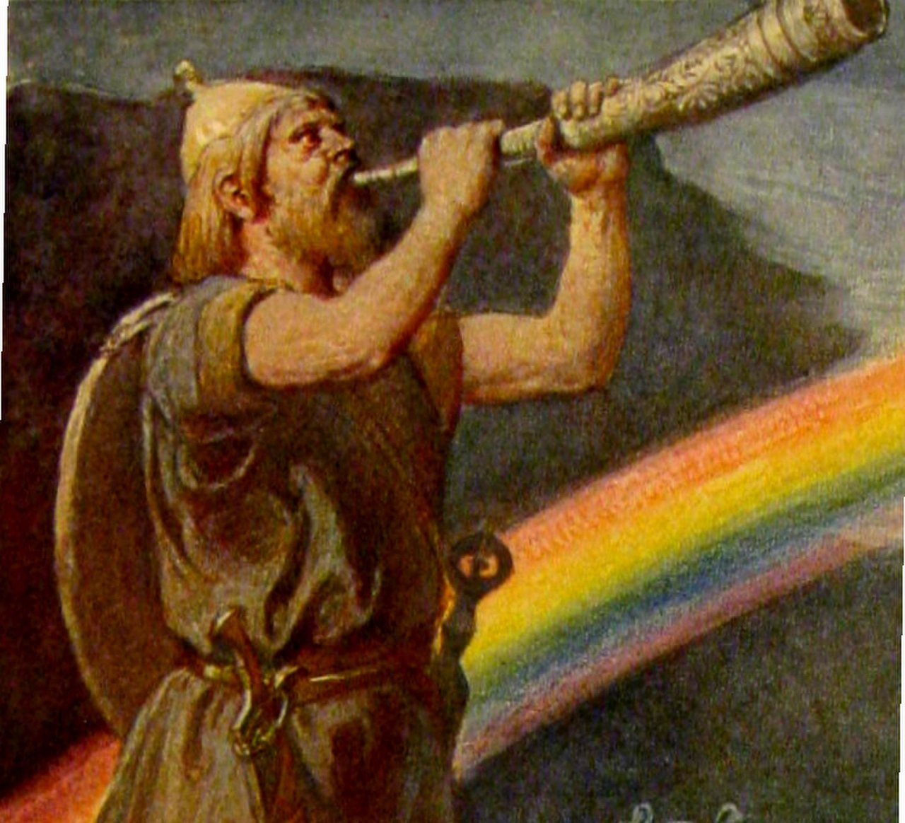 Heimdall standing guard at the rainbow bridge Bifröst