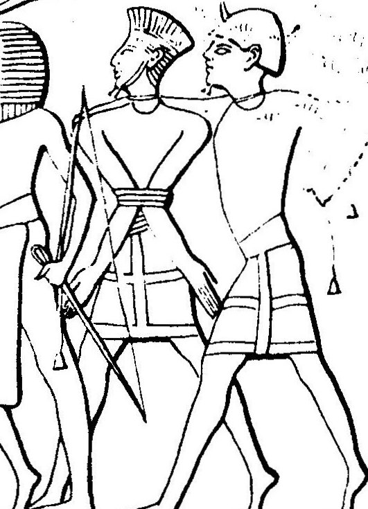 Carved relief of a Sea Peoples warrior at Medinet Habu wearing a tall feathered headdress