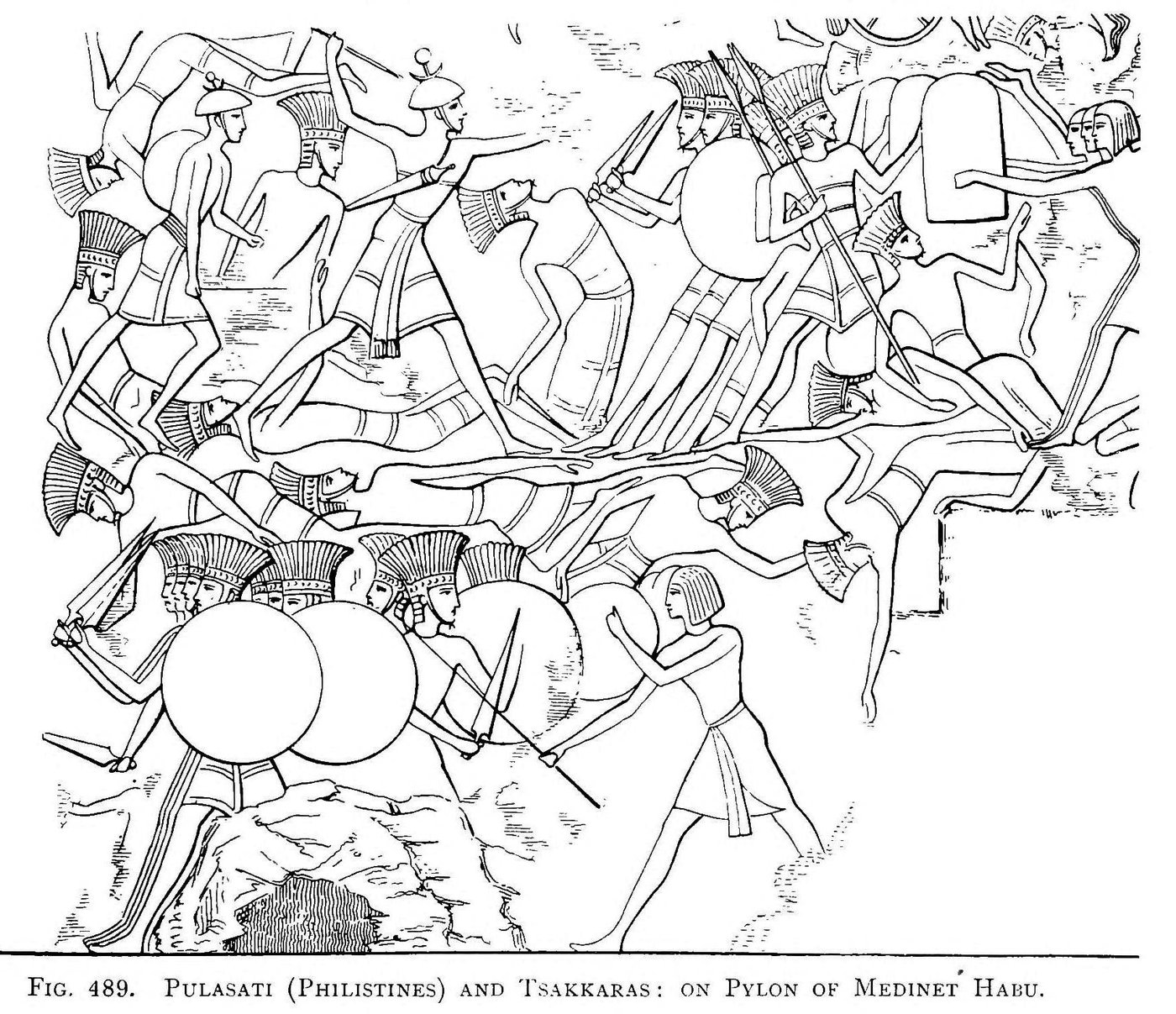 Nineteenth-century drawing of captive Peleset and Tjeker prisoners from the Medinet Habu reliefs
