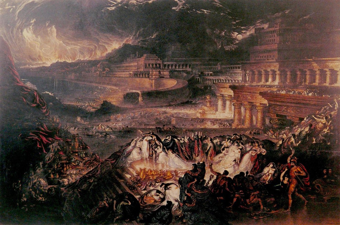 Nineteenth-century painting showing the destruction of Nineveh with crowds, fire and collapsing architecture