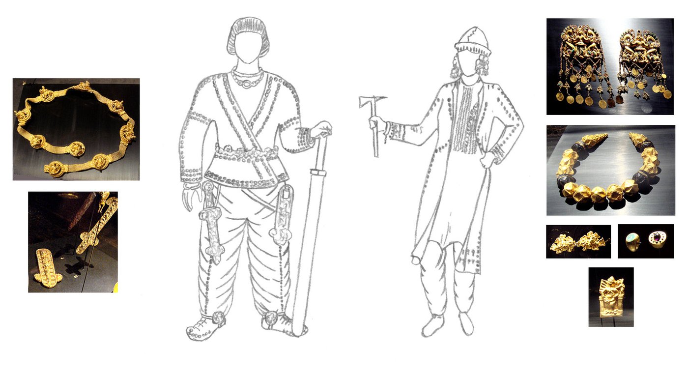 Reconstruction showing how the gold regalia, crown and ornaments from a Tillya Tepe grave may have been worn
