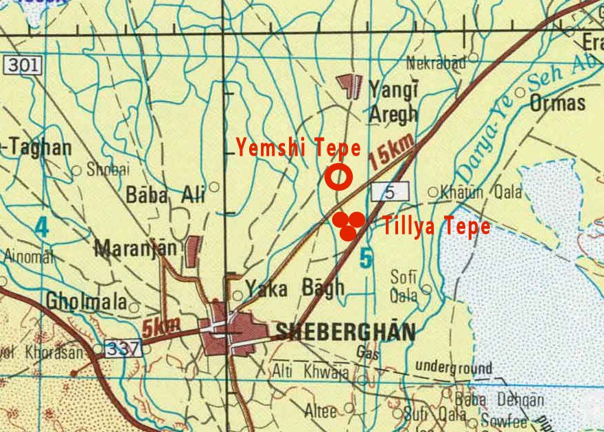 Map of northern Afghanistan showing the location of Tillya Tepe and the nearby site of Yemshi Tepe near Sheberghan