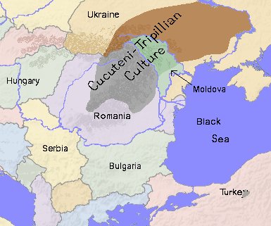 Map showing the extent of the Cucuteni-Trypillia culture across modern Romania, Moldova and Ukraine, between the Carpathians and the Dnieper