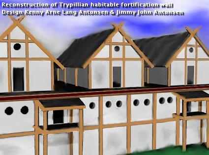 Artist's reconstruction of a fortified ring of joined two-storey Trypillian houses forming the outer wall of the town at Maidanetske