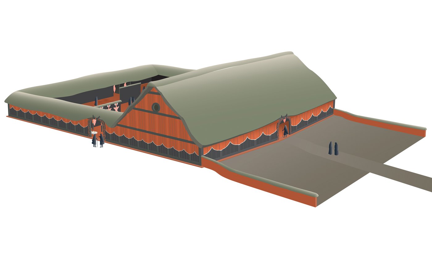 Reconstruction drawing of the large timber-and-clay mega-structure at Nebelivka, a long communal building with an open forecourt