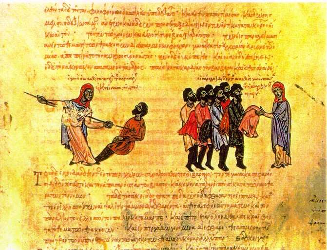 Medieval manuscript illumination from the Madrid Skylitzes showing the Varangian Guard with axes and spears