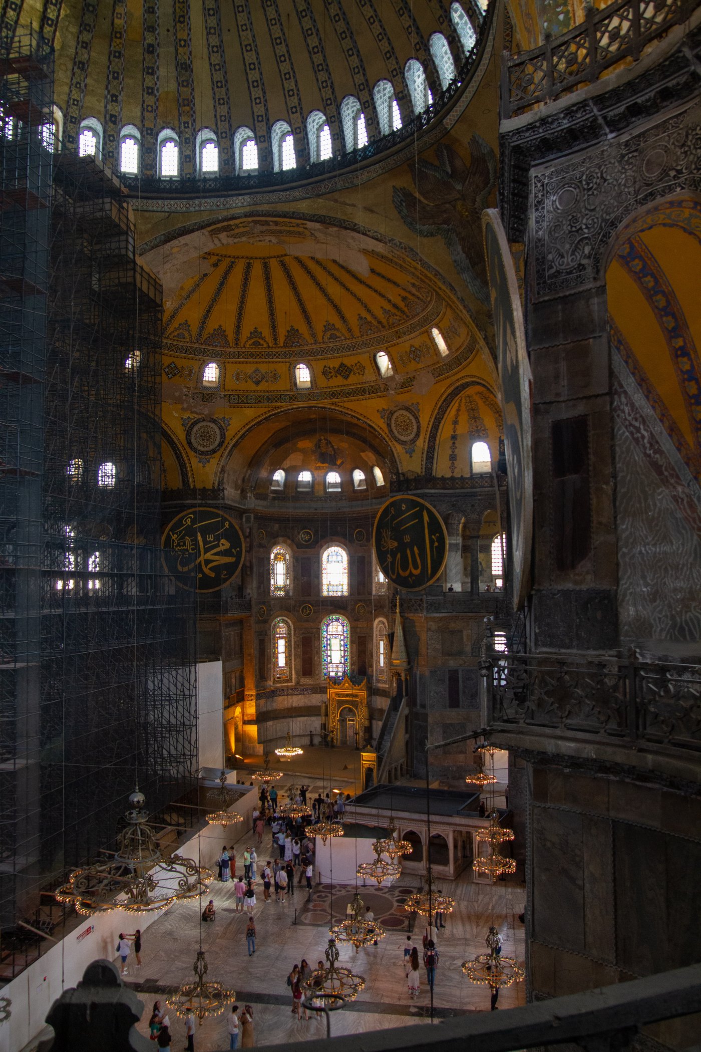 The vast domed interior of Hagia Sophia in Istanbul, looking up into the main space