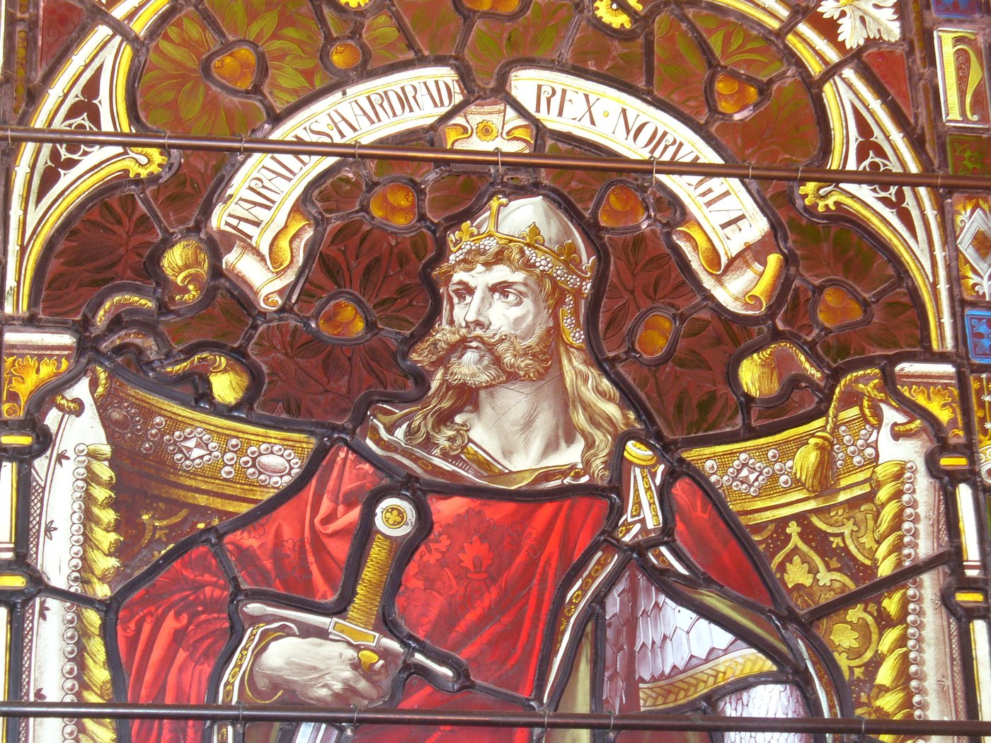 Stained-glass window in Kirkwall Cathedral depicting Harald Hardrada in armour