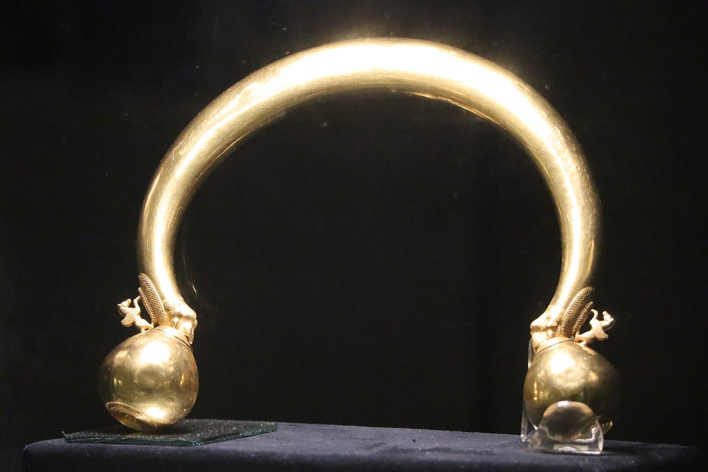 The gold torc of Vix, a twisted band of gold ending in flat plaques set on lion's paws, each bearing a small winged horse