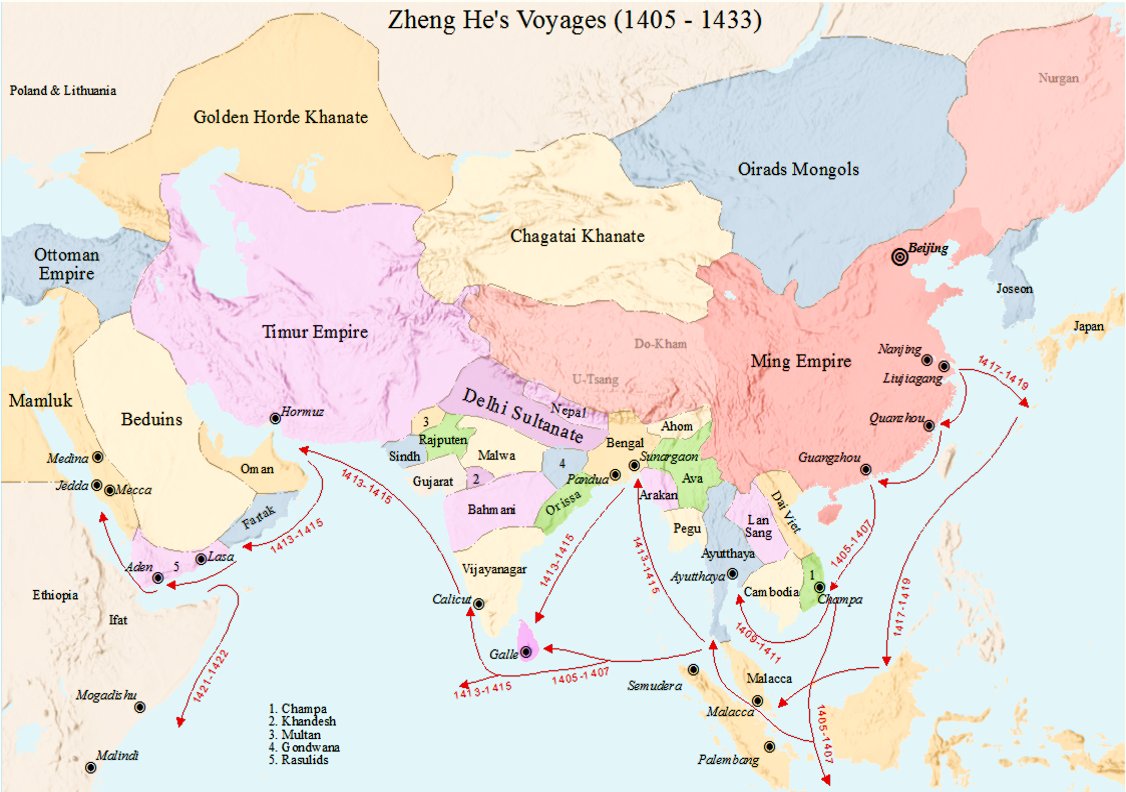 A map showing the routes of Zheng He's seven voyages from China across the Indian Ocean to India, Arabia and East Africa